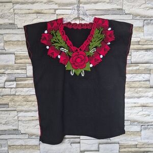 ​Mexican Floral Embroidered Huipil Top Black & Red Boho Artisanal Blouse S/M